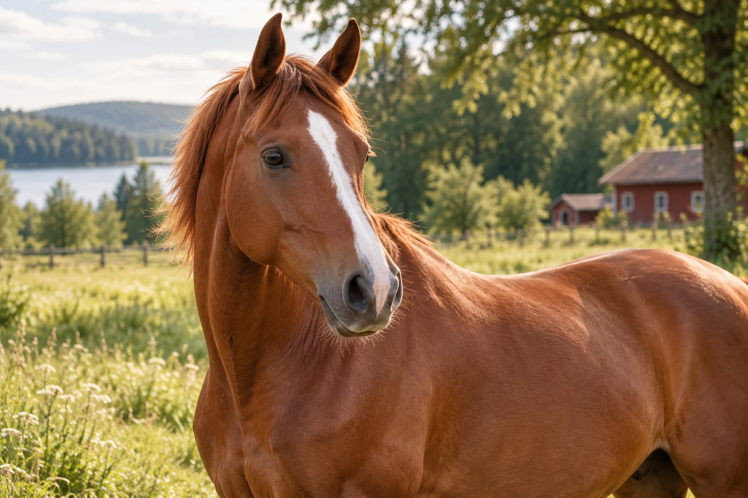 Kastanjebrun häst i en solbelyst hage