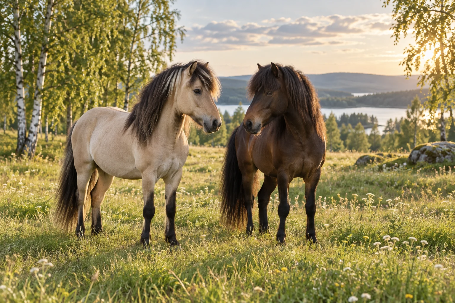Två hästar tillsammans på en grön äng