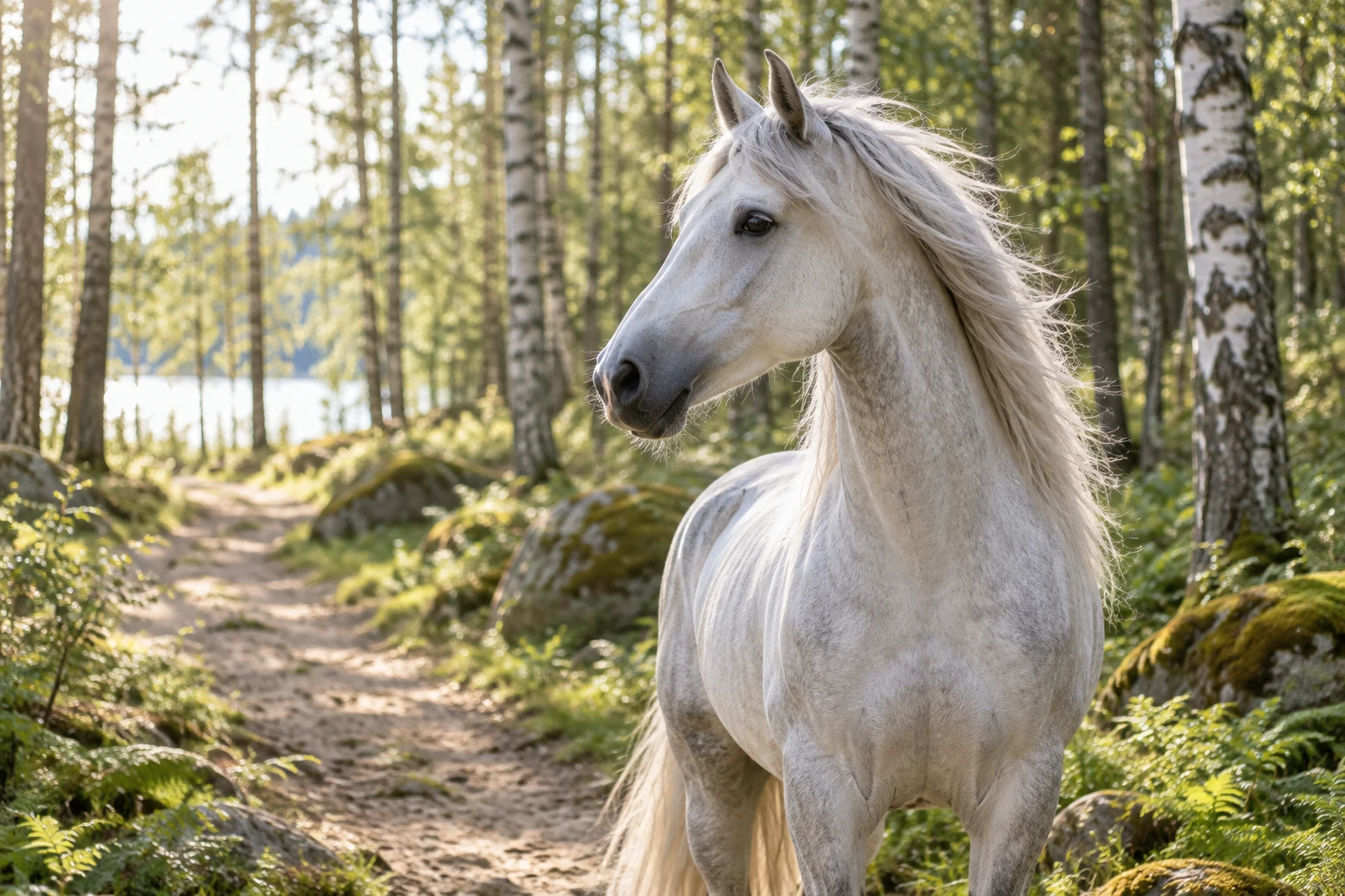 Ljus häst vid en stig i en björkskog