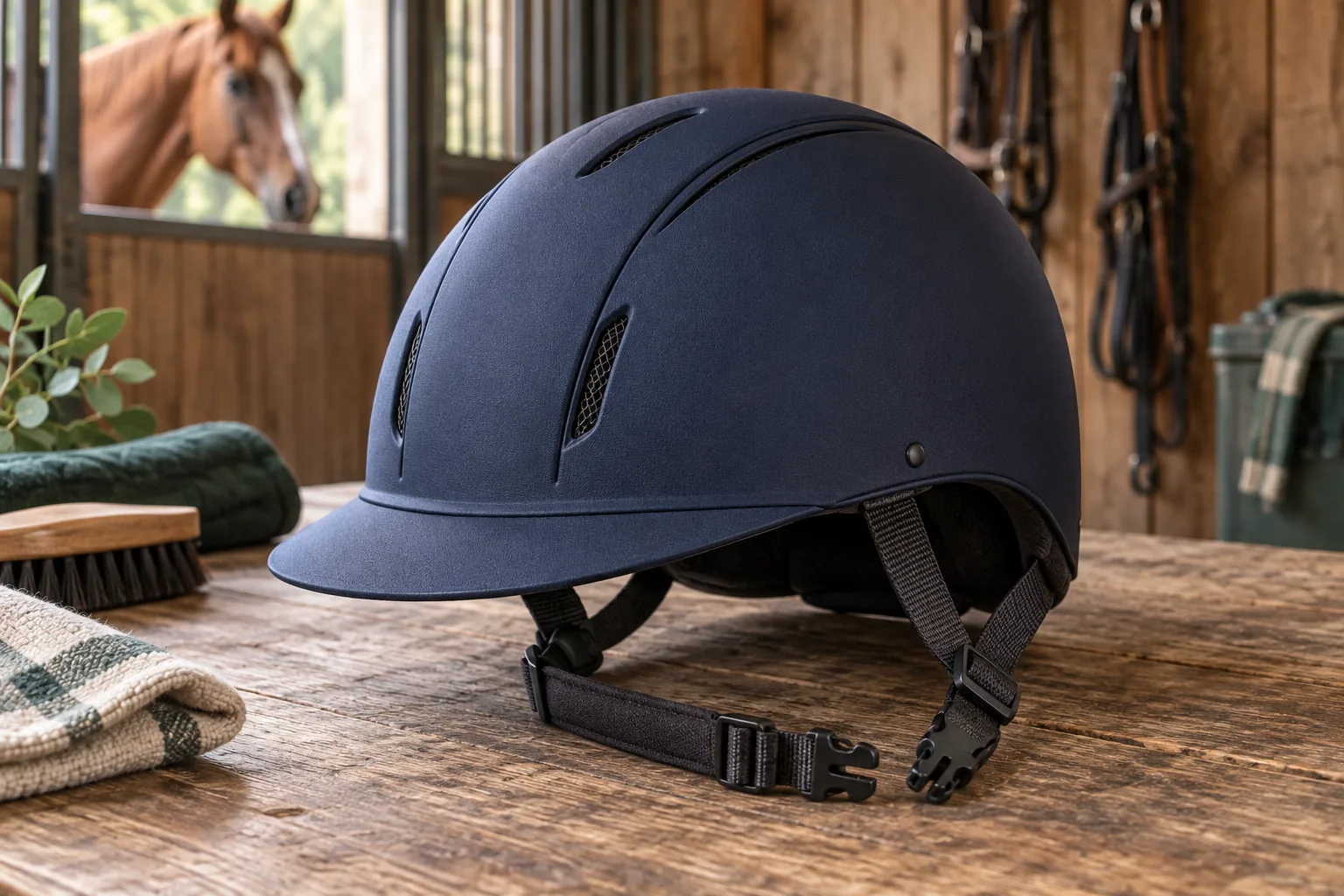 Mörkblå ridhjälm med hakband och spänne på en träbänk