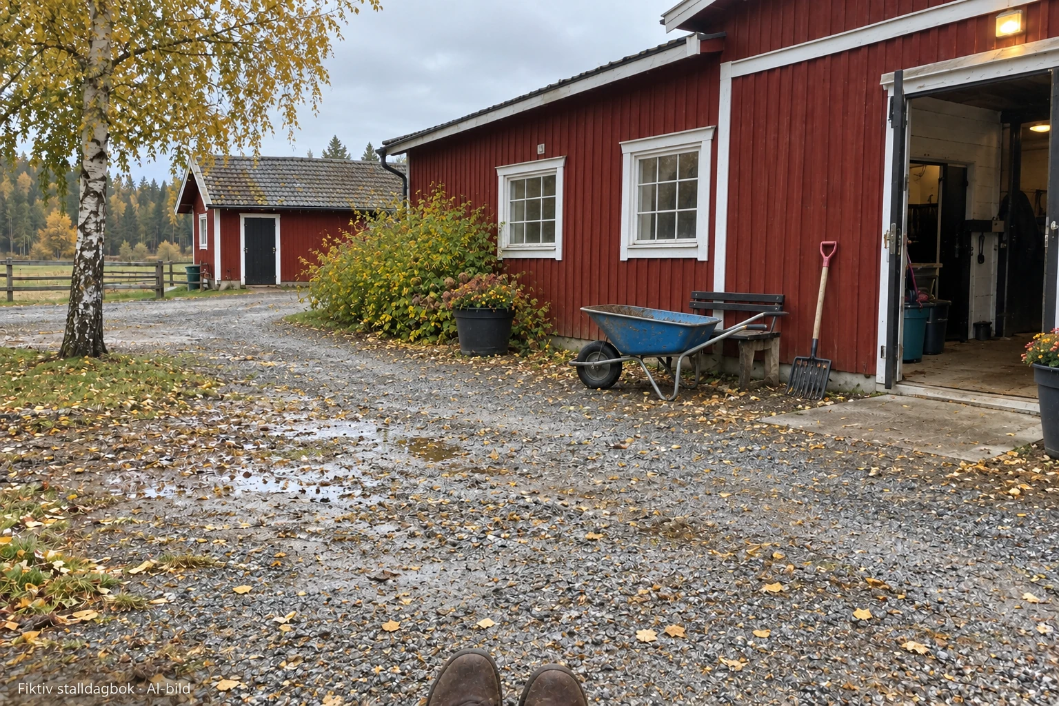 En blå skottkärra står vid ett rött stall med höstlöv på grusplanen.