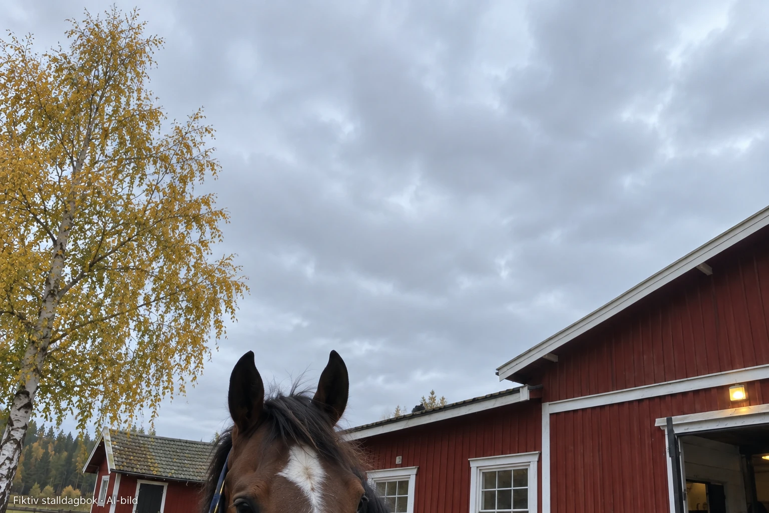 Ett snett utsnitt visar mycket grå himmel, stalltaket och övre delen av Roffes huvud längst ned.