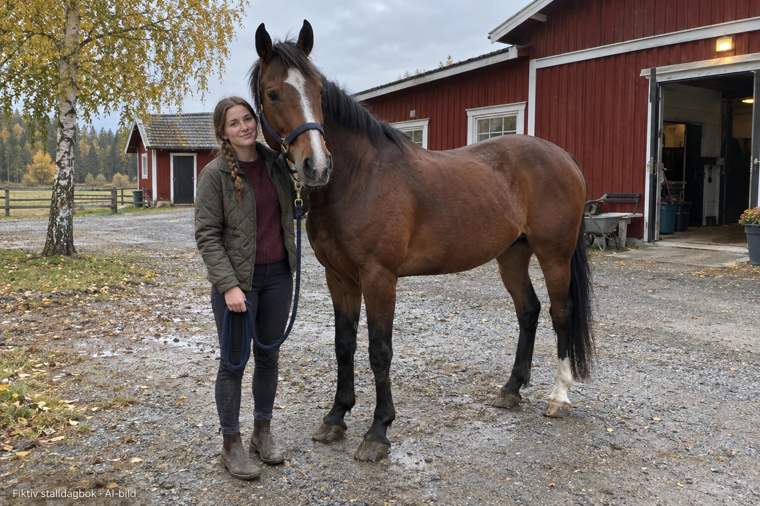 Maja står bredvid den bruna hästen Roffe på en grusplan framför ett rött stall.