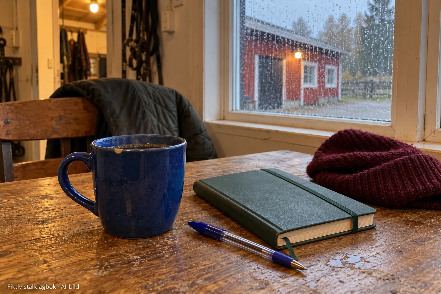 En blå mugg, en stängd grön anteckningsbok och en vinröd mössa på stallfikarummets bord.