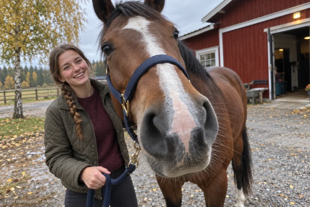 Roffes mule fyller förgrunden medan Maja skrattar bakom hans huvud på stallgården.
