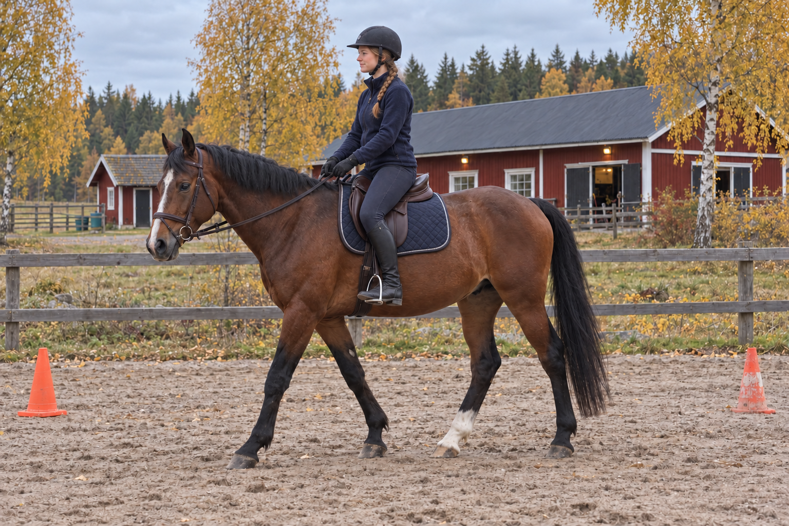 Maja rider den bruna valacken Roffe i skritt från sidan på ridbanan. Hans oregelbundna bläs och enda vita bakstrumpa syns.
