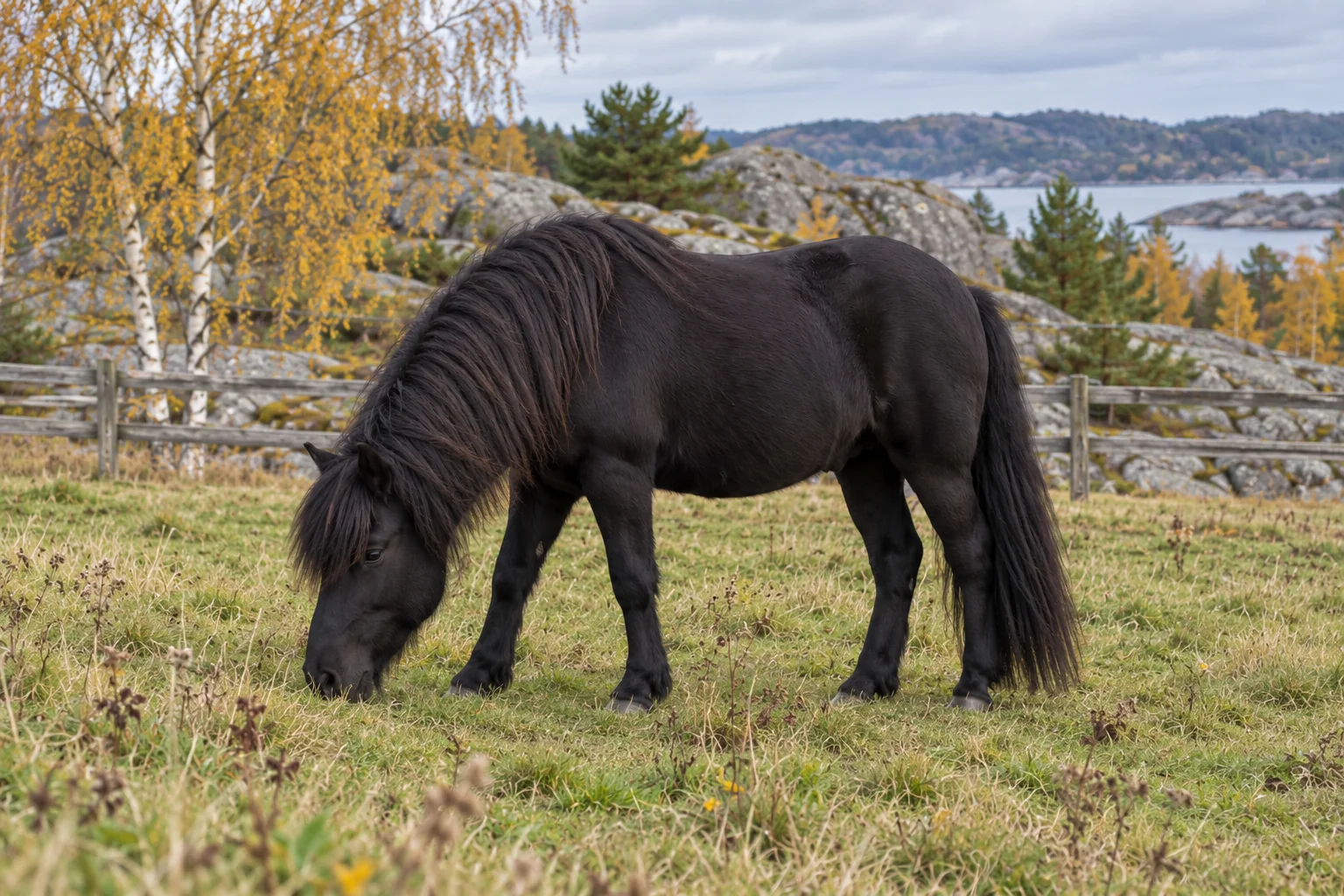 Stormur betar i en hage bland gula björkar, rundade granitklippor och utsikt mot vatten i Bohuslän.