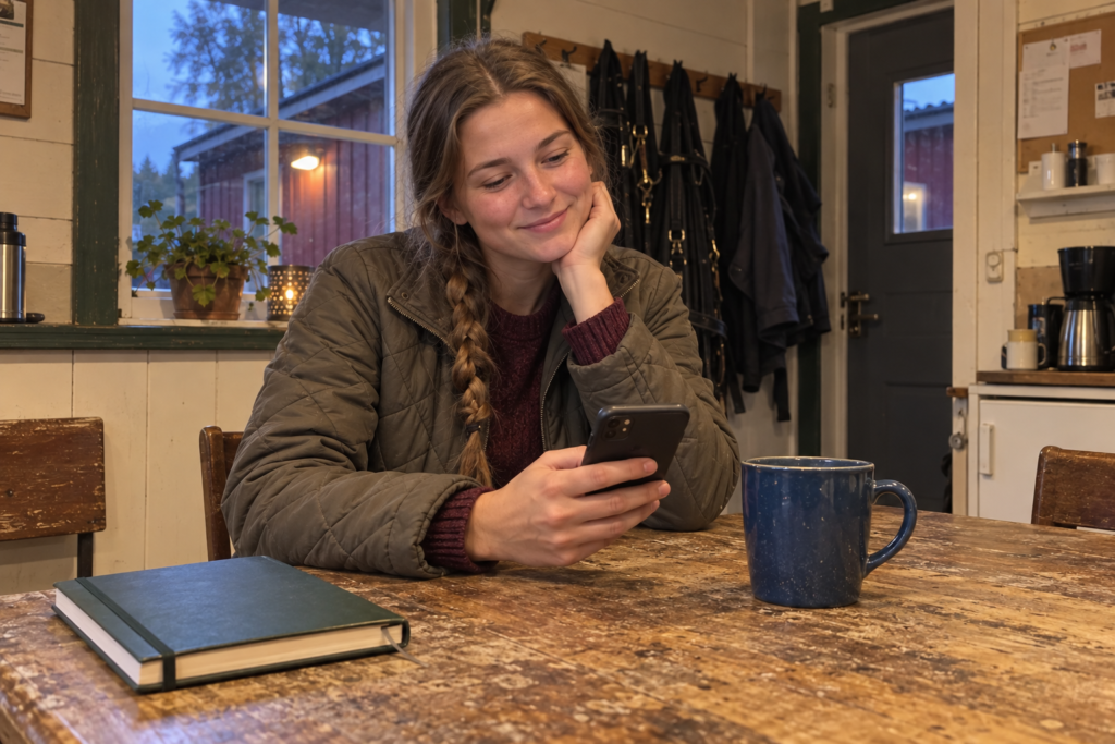 Maja ler åt sin mobil vid ett slitet träbord i stallfikarummet, med en blå mugg och grön anteckningsbok.