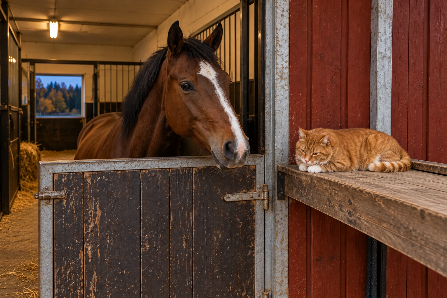 Den bruna valacken Roffe tittar över boxdörren medan den rödvita katten Morris vilar på hyllan bredvid.