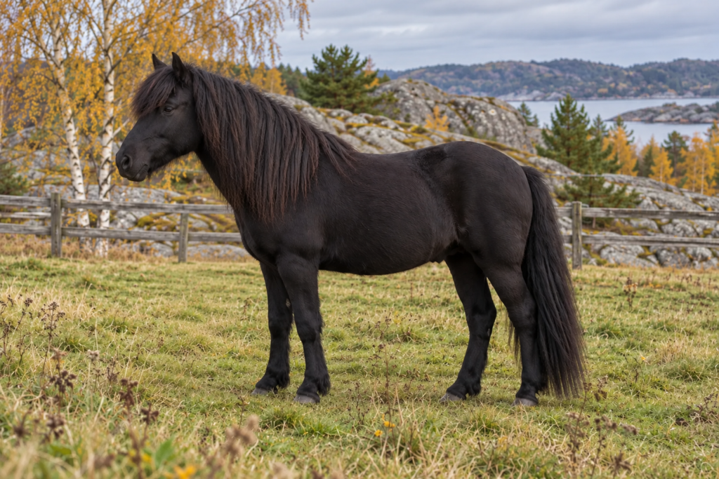 Den svarta islandshästvalacken Stormur står i sidprofil i en hage med höstbjörkar och granit i Bohuslän.