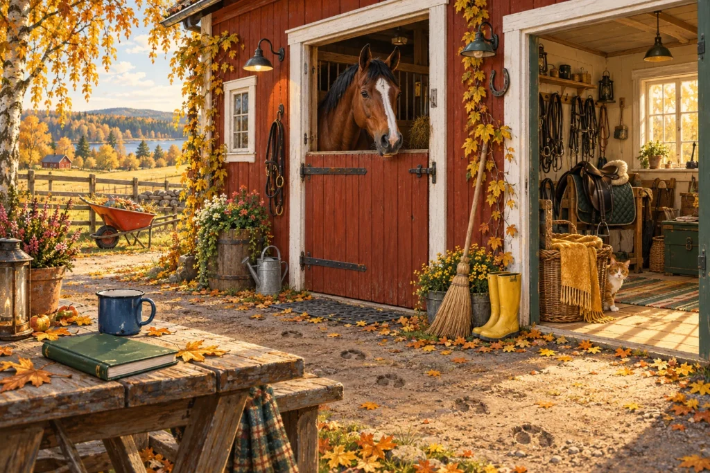 Roffe vid boxdörren, Majas gröna anteckningsbok och Morris intill en korg i sadelkammaren. AI-genererad spelillustration.