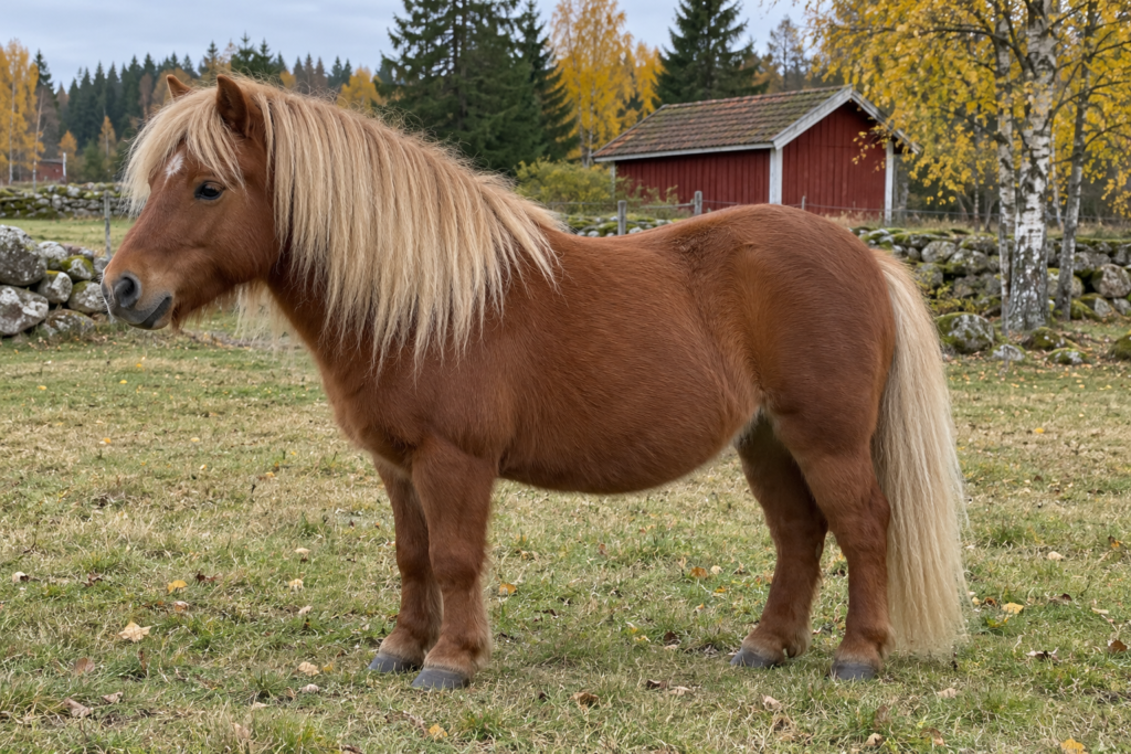 Shetlandsstoet Märta står från sidan i en hösthage. Hon är fux med lång ljus man och svans, liten vit stjärn och fyra mörka hovar.