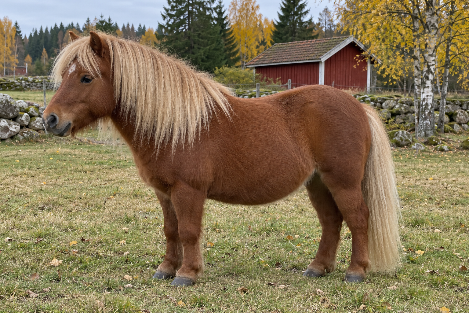 Shetlandsstoet Märta står från sidan i en hösthage. Hon är fux med lång ljus man och svans, liten vit stjärn och fyra mörka hovar.