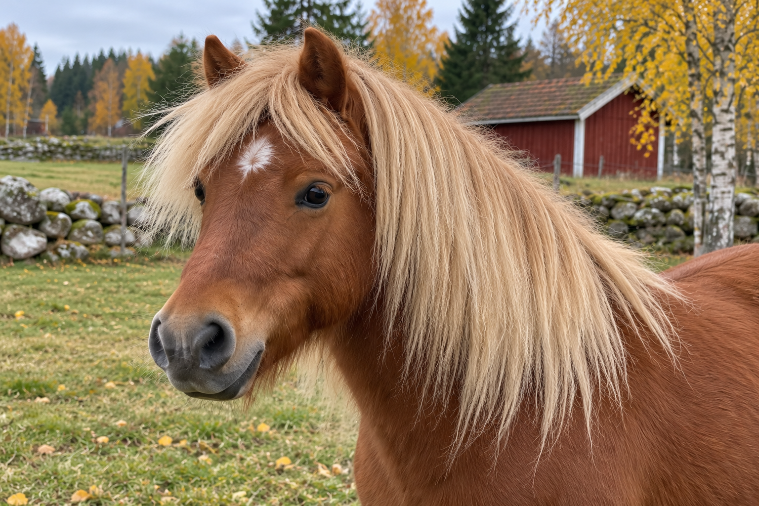 Närbild av Märtas huvud med mörkbruna ögon, små öron, ljus pannlugg och en liten oregelbunden vit stjärn.